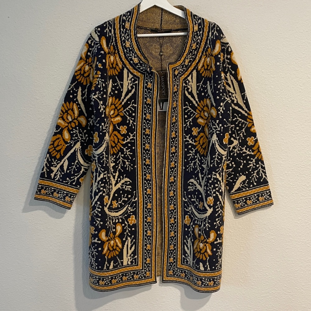 NWT Maxsport Navy Yellow Floral Longline Open Cardigan Sweater Coat Small